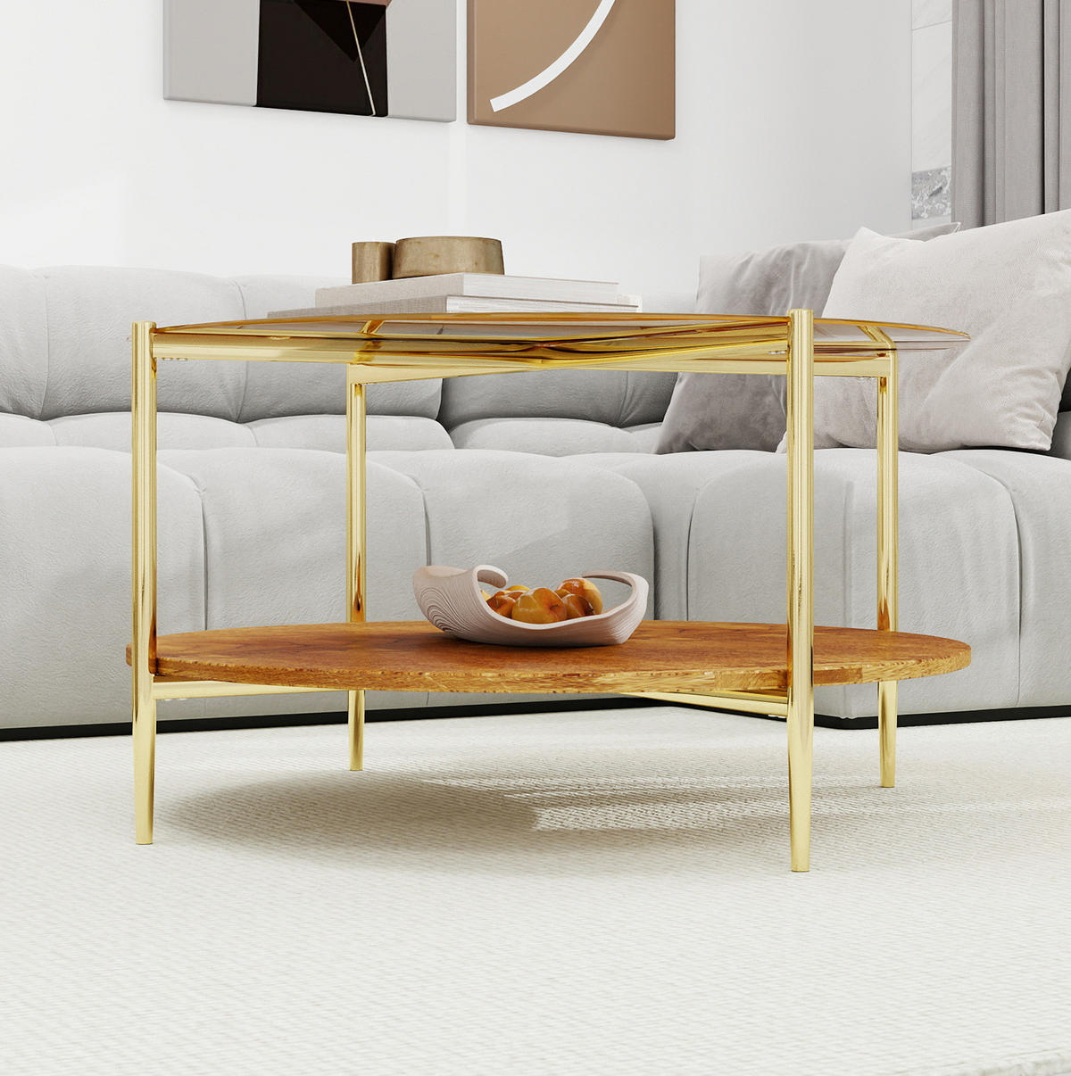 COUCHTISCH Ø82/45 cm in Gold mit Glasplatte und Holzablage - Goldfarben, Glas (82/82/45cm) - BEAOK