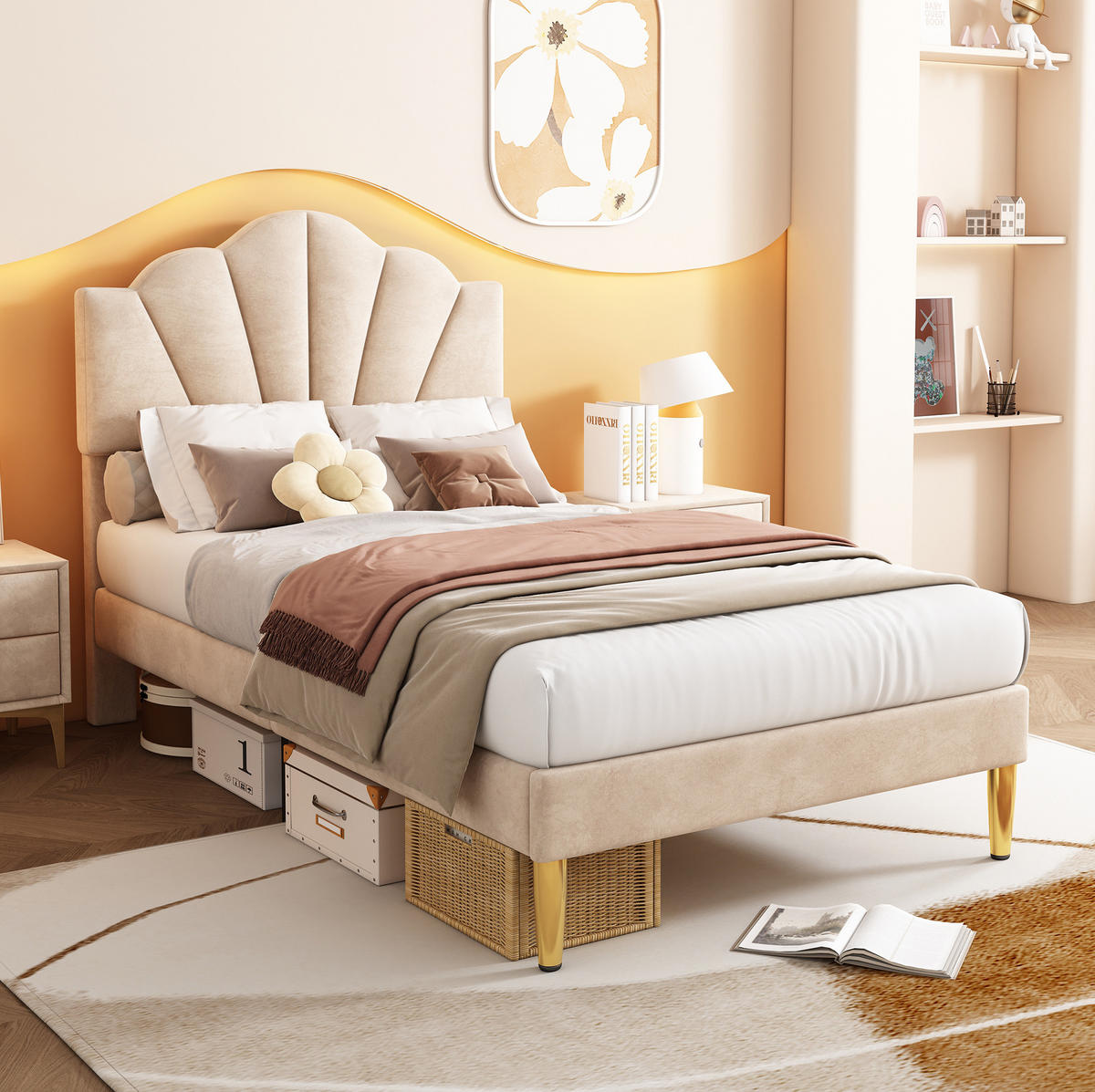 POLSTERBETT 90/200 cm mit höhenverstellbarem Kopfteil, Samtbezug & Lattenrost, Beige - Beige, Textil (90/200cm) - Redom