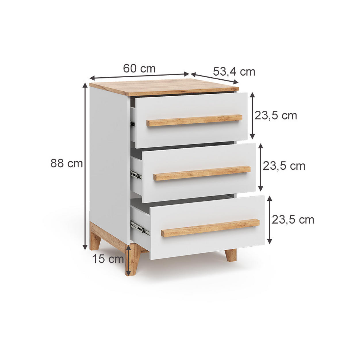KOMMODE Malia Weiß/Artisan 60 x 88 cm mit 3 Schubladen - Weiß, Holzwerkstoff (60/88/53.4cm) - VitaliSpa