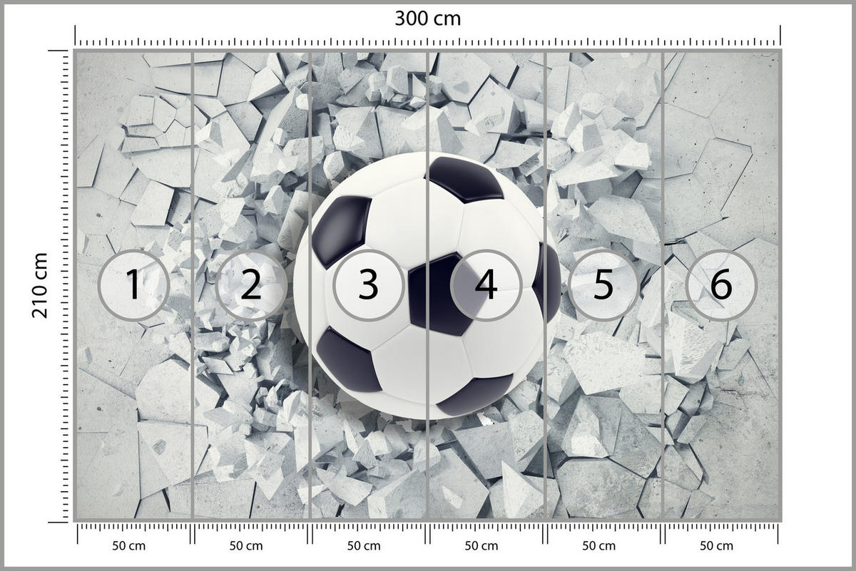 FOTOTAPETE für Kinderzimmer Fußball Riss Graue Wand Dynamik Sport 300x210 - Schwarz/Weiß, Papier (300/210cm) - Muralo