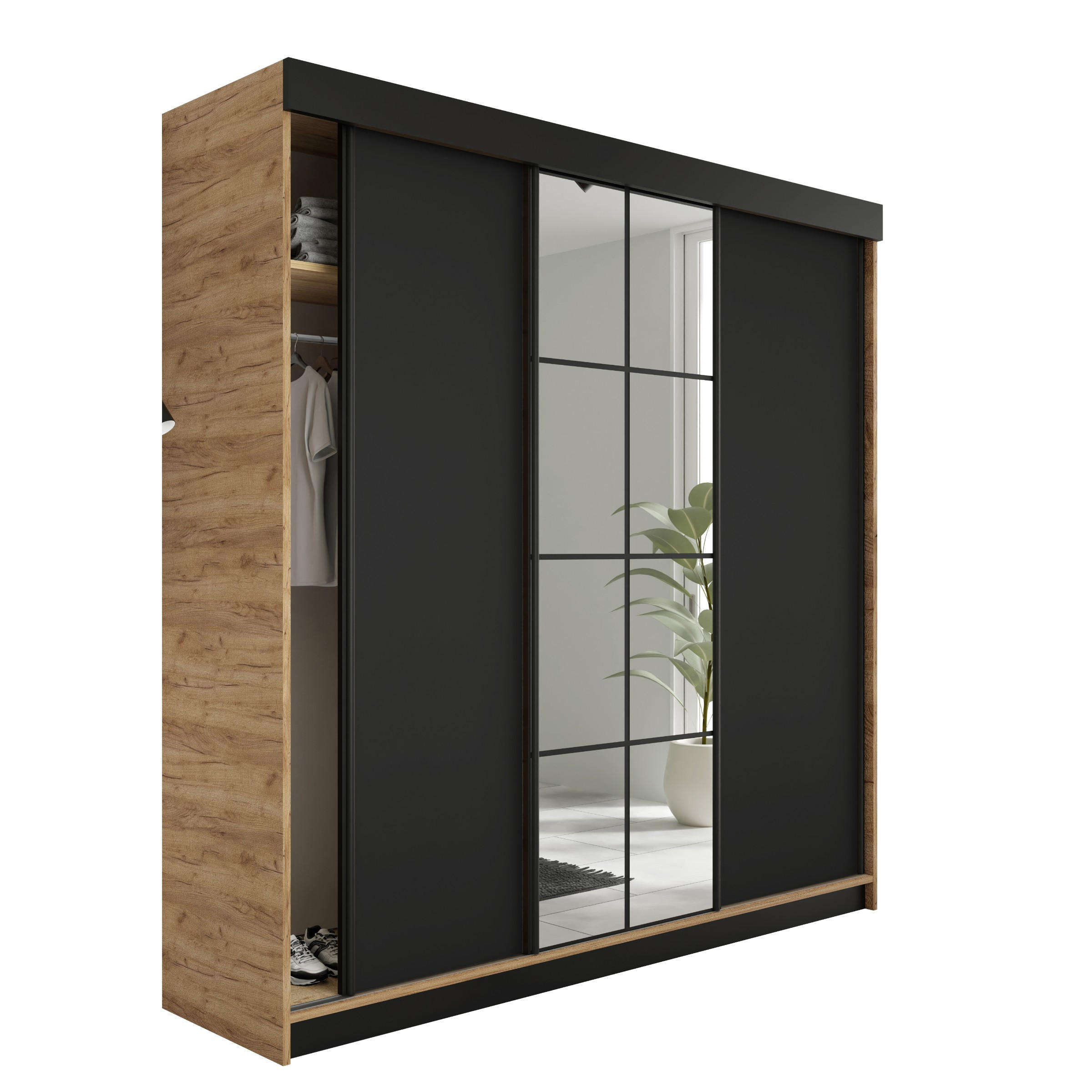 SCHIEBETÜRENSCHRANK LAMARO - 200x205x59cm - Eiche Gold Craft & Schwarz - Honigeiche/Schwarz, Holzwerkstoff (200/205/59cm) - Kier Furniture