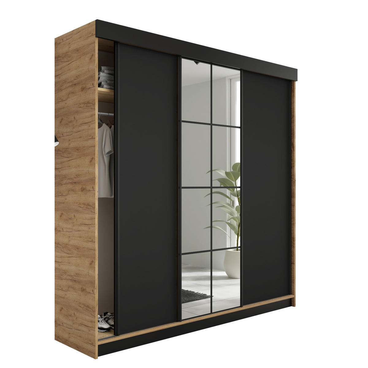 SCHIEBETÜRENSCHRANK LAMARO - 250x205x59cm - Eiche Craft Gold & Schwarz - Honigeiche/Schwarz, Holzwerkstoff (250/205/59cm) - Kier Furniture