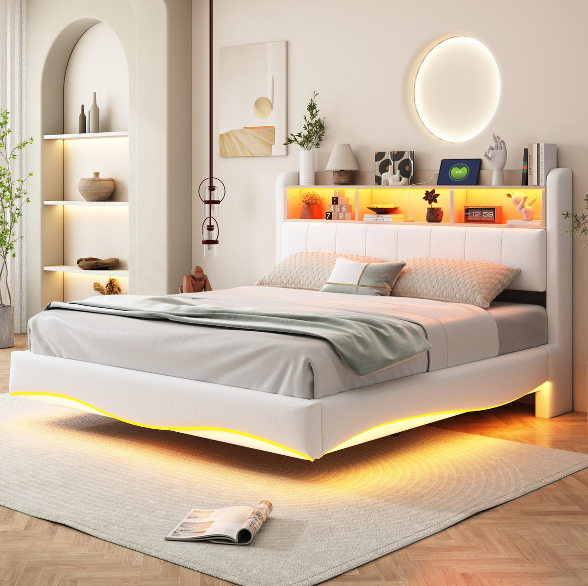 POLSTERBETT 160/200 cm Beige aus Stoff mit LED-Beleuchtung und USB-Anschluss - Beige, Textil (160/200cm) - OKMYHOME