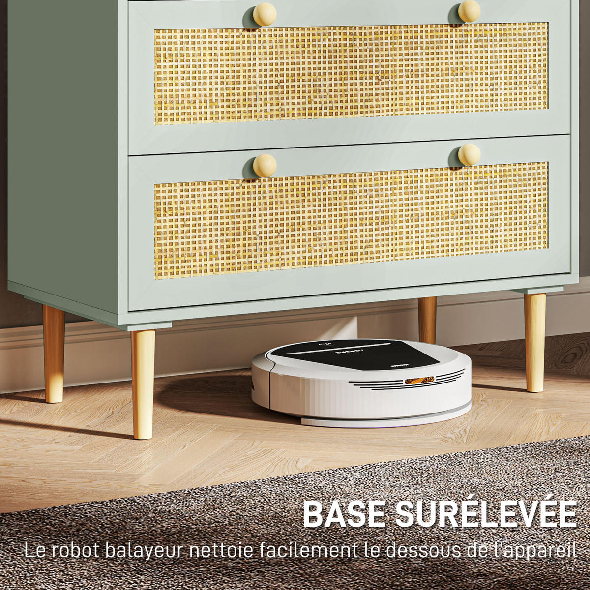 KOMOODE DE-12868 3 Schubladen mit Rattan Olivgrün - Grün, Holzwerkstoff (80/87.5/40cm) - ComfortXL