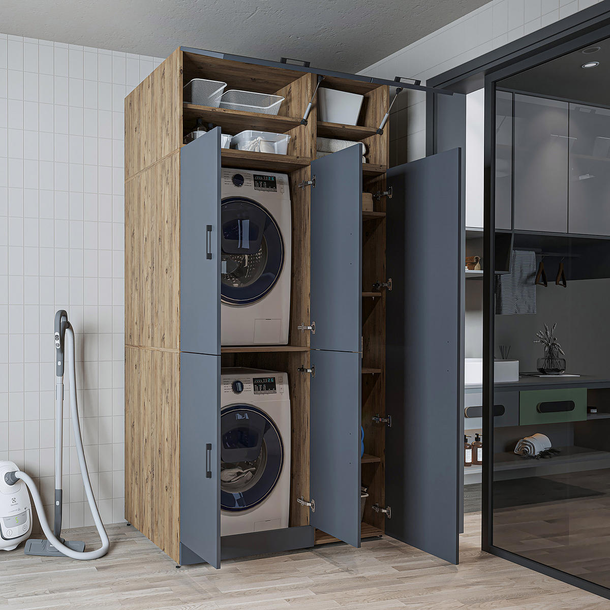 WASCHMASCHINENSCHRANK DORA-II 115cm Breit, 230cm Hoch - Anthrazit, Holzwerkstoff (115/230/73.8cm)