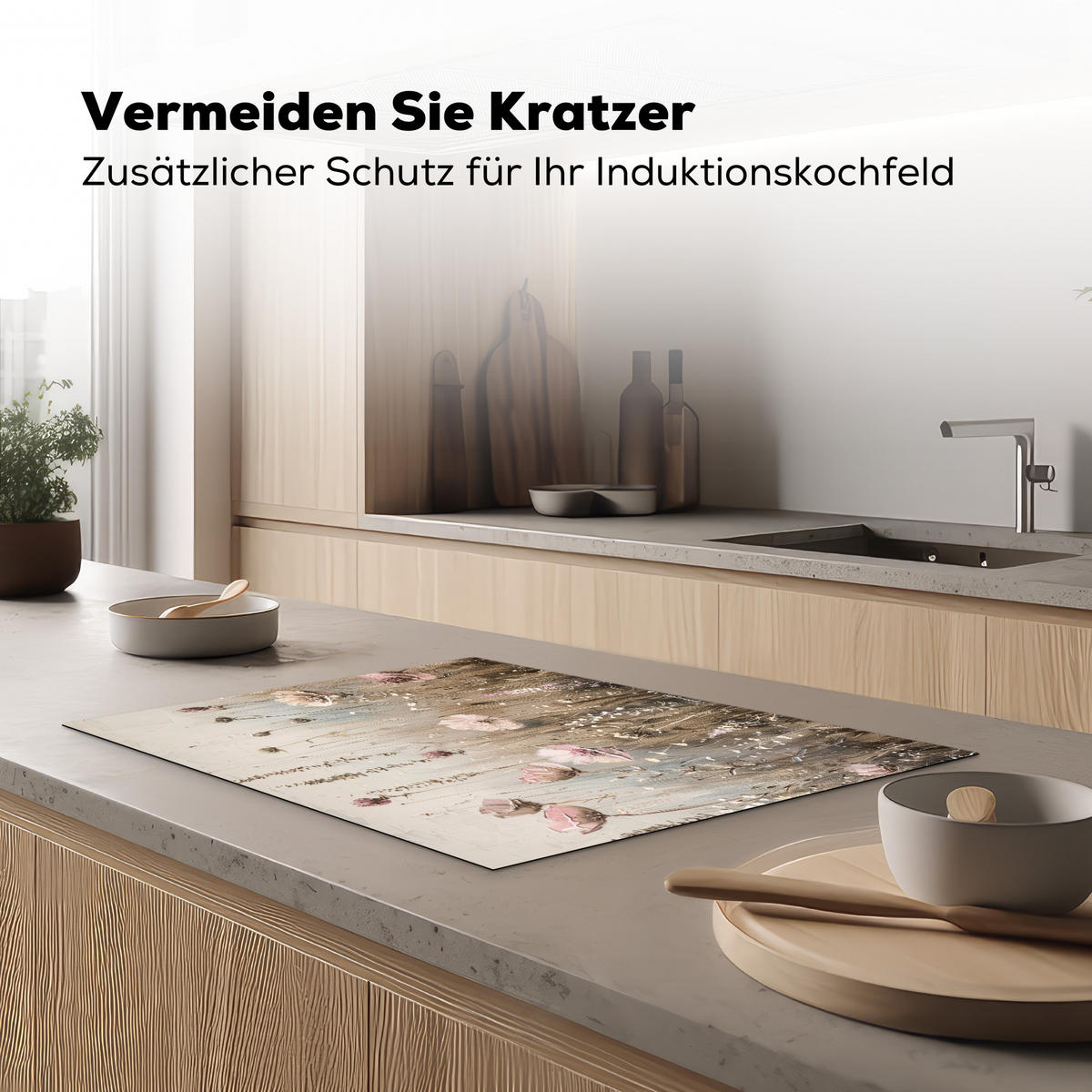 HERDABDECKPLATTE Blumen - Beige - Trockenblumen 75x52 cm - Beige, Kunststoff (75/52/0.2cm) - MuchoWow