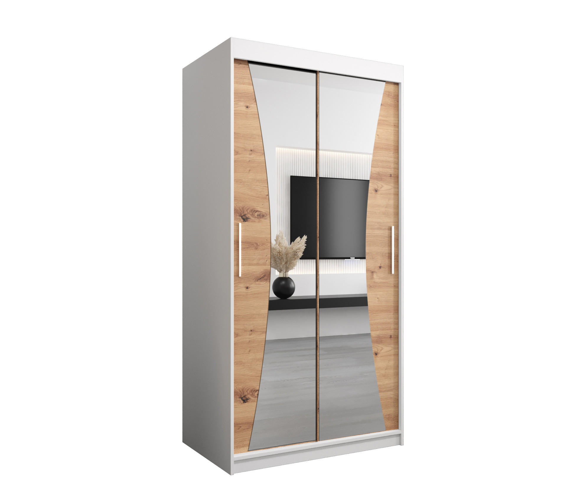 Abiks Möbel Schwebetürenschrank Weiß, Eiche Artisan 100x200x62 cm