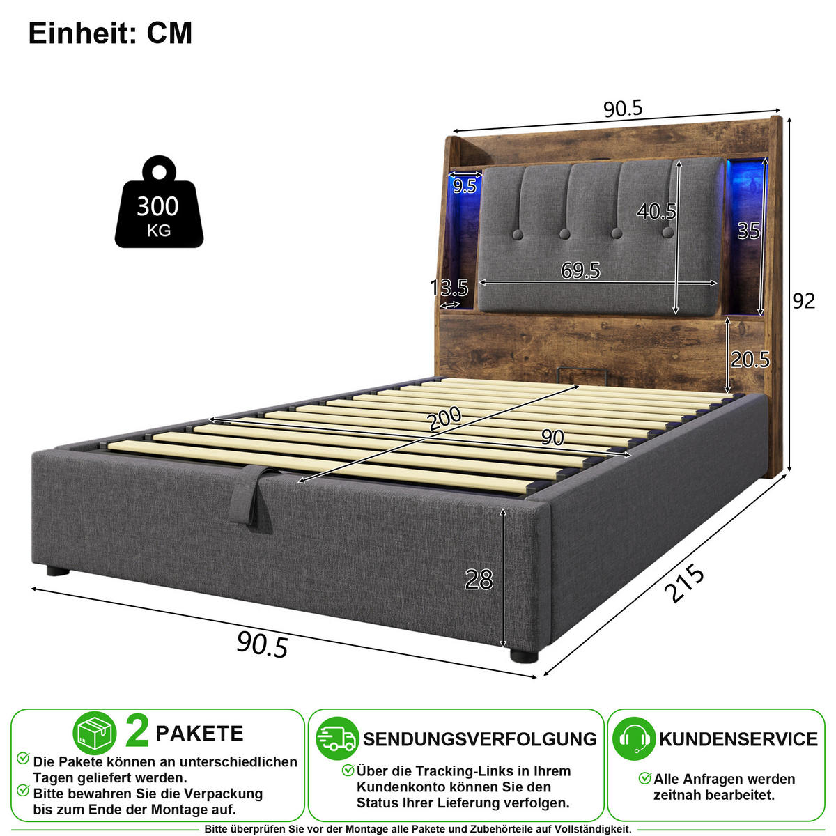 POLSTERBETT 90/200 cm in Grau mit Bettkasten, LED und USB Type-C Leinen - Grau, Holzwerkstoff/Textil (90/200cm) - CHICFURN