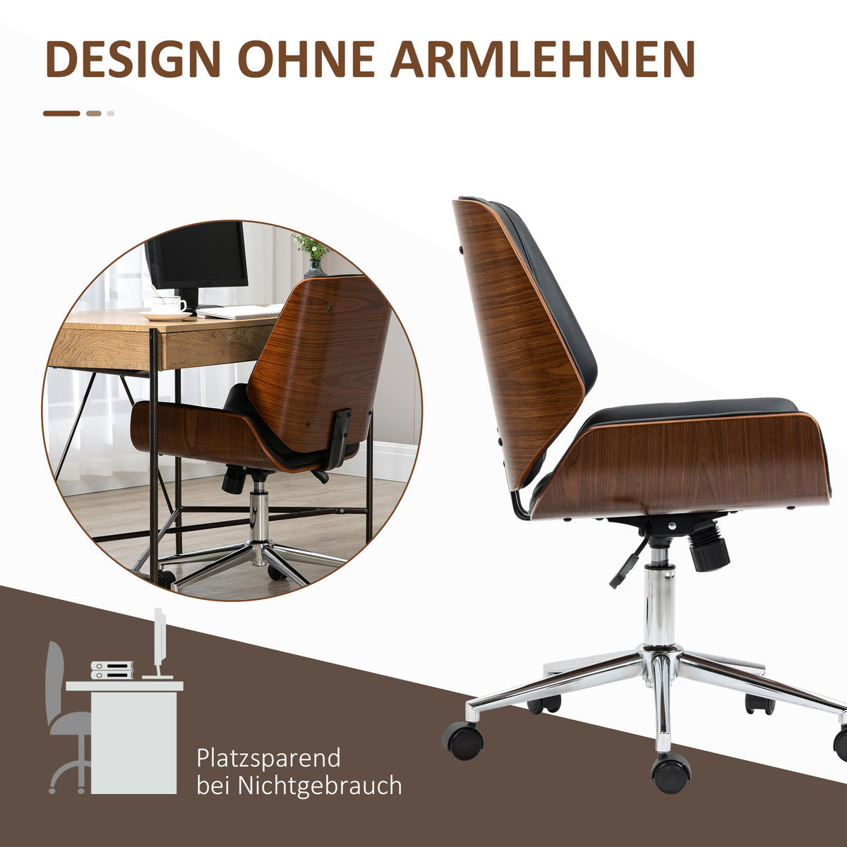 BÜROSTUHL mit Wippfunktion, Ergonomischer Computerstuhl, bis 120 kg Belastbar - Schwarz, Leder (60/96/53cm) - Vinsetto