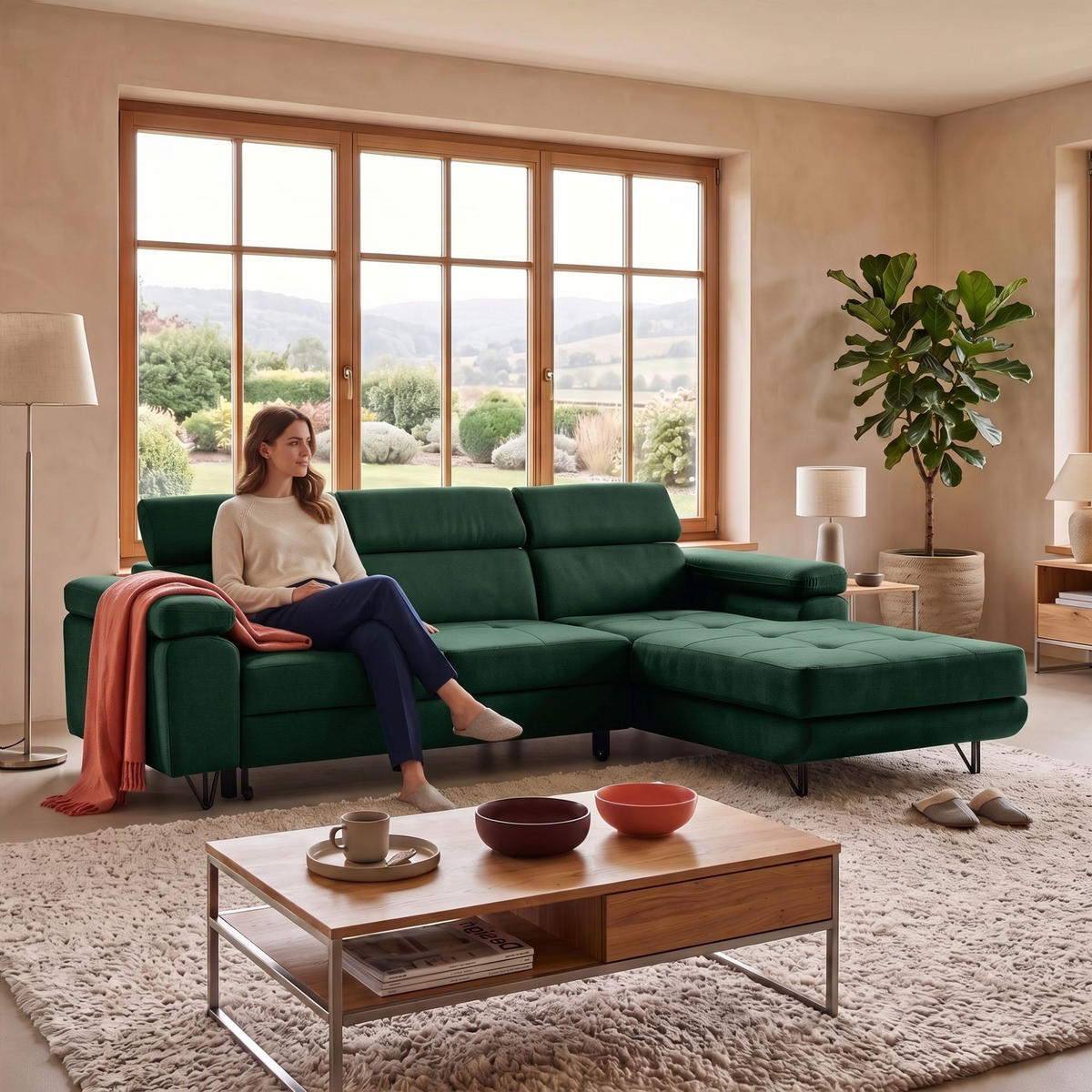 ECKSOFA NORIS L Rechts mit Schlaffunktion 128x203 Velours Dunkelgrün - Dunkelgrün/Schwarz, Holz/Textil (183/250cm) - Muffo