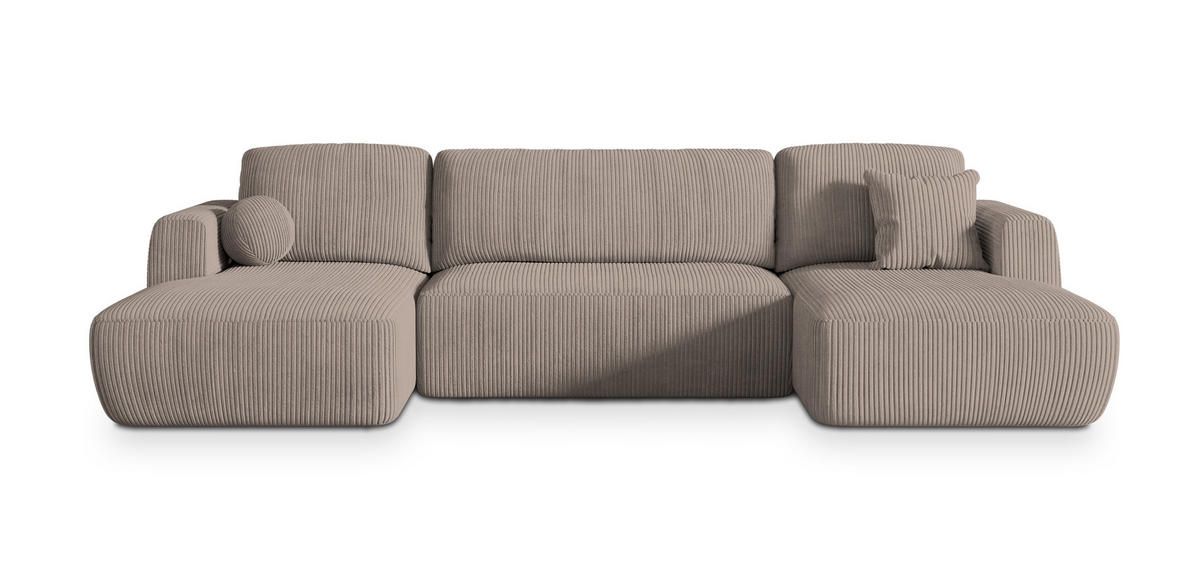 WOHNLANDSCHAFT SENTUM P Beige Kordstoff mit Schlaffunktion - Beige, Holz (330/90/148cm) - MASSENO