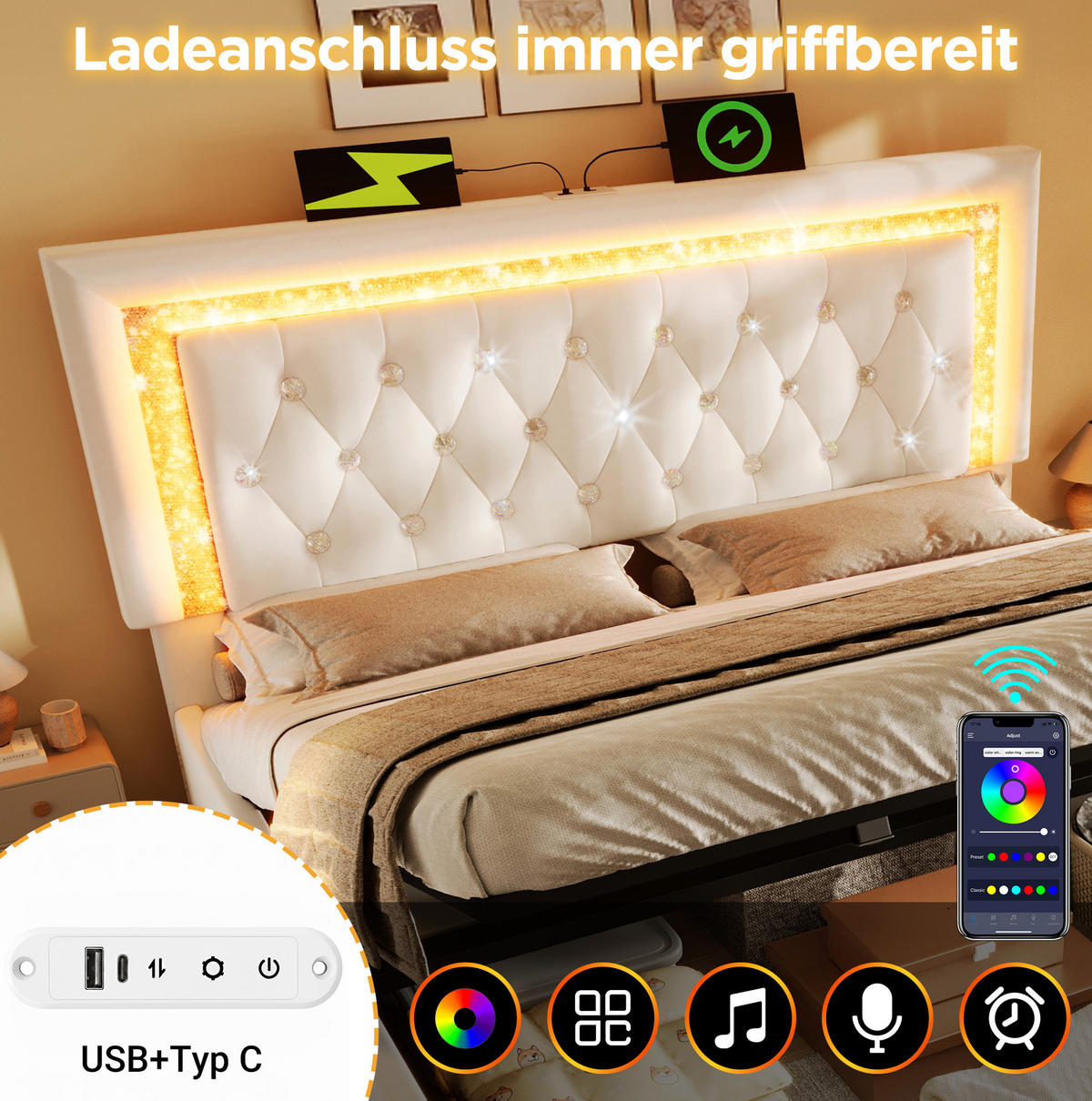 POLSTERBETT 140/200 cm Beige aus Samt mit Stauraum und LED-Beleuchtung mit Matratze - Beige, Textil (140/200cm) - OKWISH