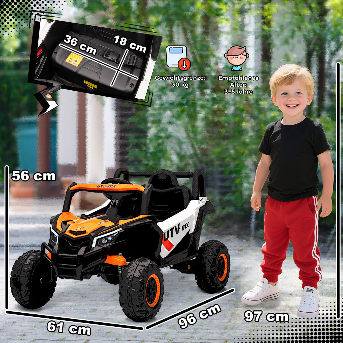 KINDER-ELEKTROAUTO 12V Kinderauto UTV mit 2,4 GHz Fernbedienung, Softstart - Orange, Kunststoff (96/61/56cm) - AIYAPLAY