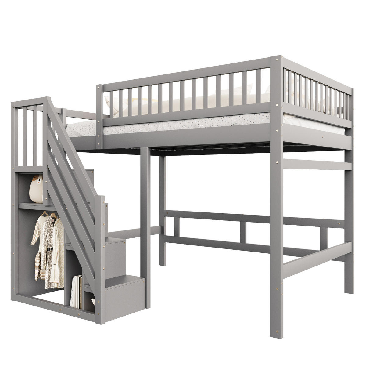 HOCHBETT 140/200 cm Grau aus Holz mit Stauraumtreppe - Grau, Holzwerkstoff (140/200cm) - Flora Grace