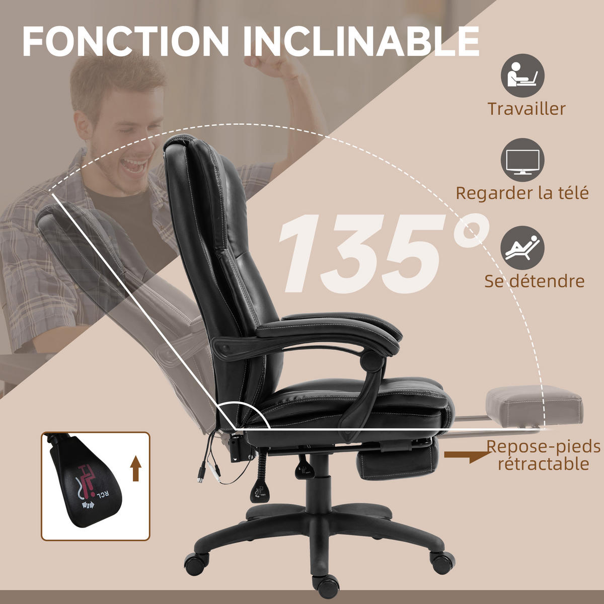 CHEFSESSEL DE-11748 mit Massagefunktion & neigbarer Rückenlehne Schwarz - Schwarz, Metall (68.5/121/68.5cm) - ComfortXL