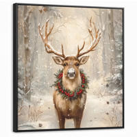 LEINWAND Bilder mit Rahmen - Weihnachten - Rentier - Winter - Kranz - 90x90 - Naturfarben, Textil (90/90cm) - MuchoWow