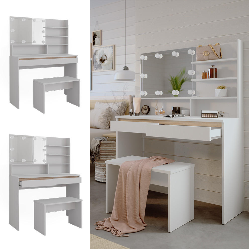SCHMINKTISCH Emma Weiß 120 cm mit Spiegelregal, Bank & LED-Beleuchtung - Weiß, Holzwerkstoff (120/83/41.8cm) - Vicco