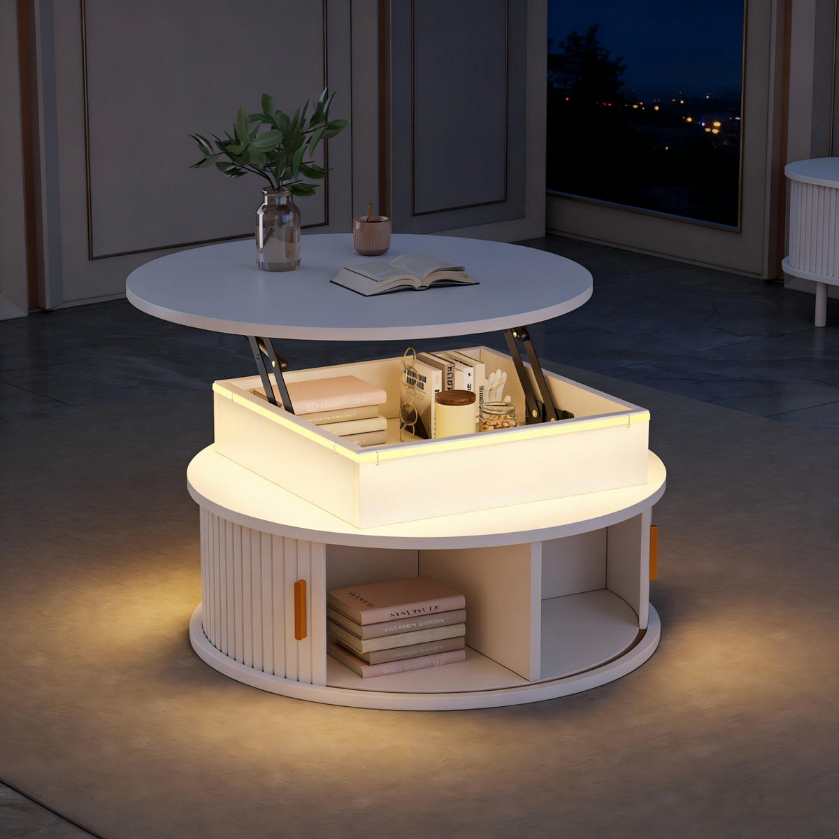KULATÝ konferenční stolek 75 cm bílý z MDF s LED osvětlením a výškovým nastavením - bílá, kompozitní dřevo (75/75/52cm) - OKWISH
