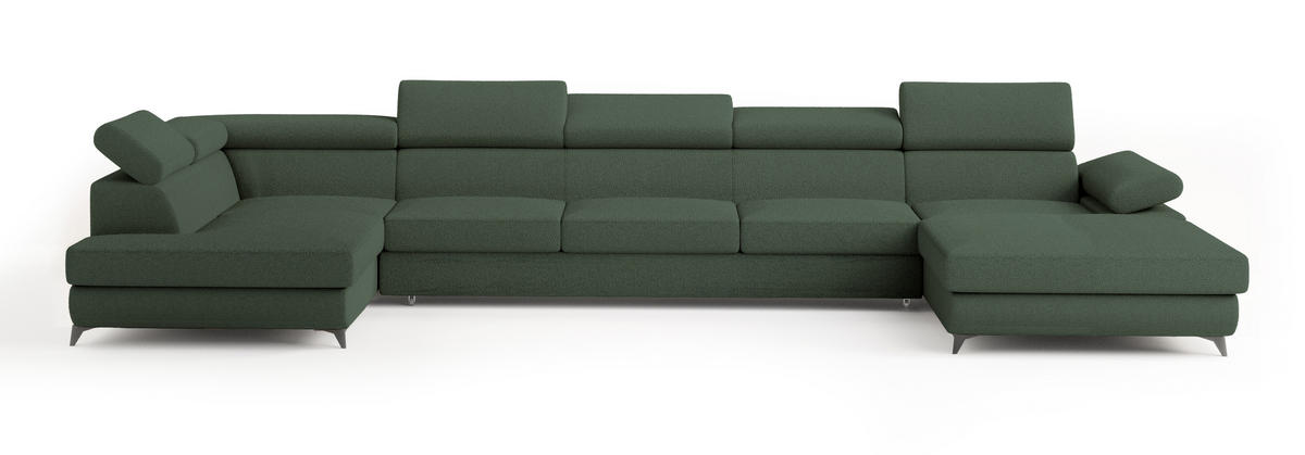 WOHNLANDSCHAFT MONTIVA Grün Boucle-Stoff mit Schlaffunktion - Grün, Holz (410/89/190cm) - MASSENO