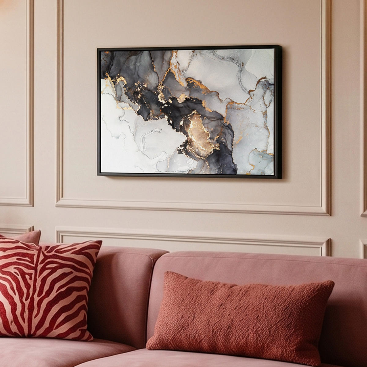 LEINWAND Bilder mit Rahmen - Marmor - Schwarz - Weiß - Gold - Luxus - Abstrakt - 60x40 - Goldfarben, Textil (60/40cm) - MuchoWow