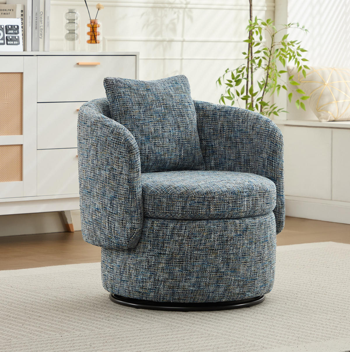 DREHSESSEL 72/66,5/76 cm aus Chenille mit 360°-Drehfunktion und Stauraum - Blau, Textil (66.5/76/72cm) - BEAOK