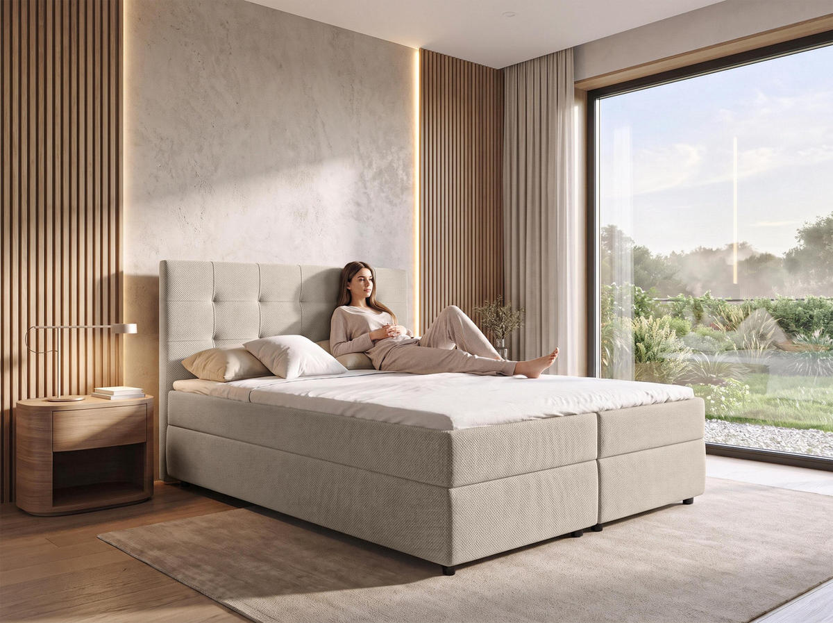 BOXBETT SAKARYA 140x200 cm mit Bettkasten und Matratze - Beige + TOPPER - Beige/Schwarz, Holz/Holzwerkstoff (140/200cm) - AX Living