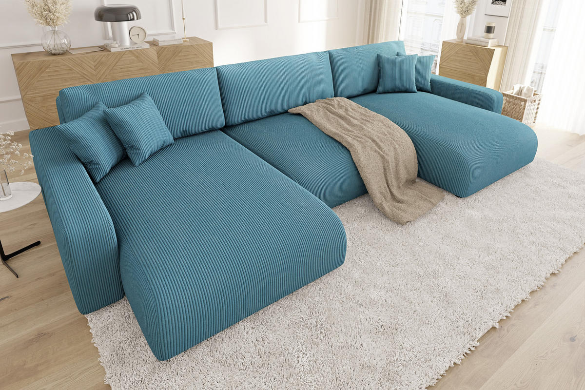 WOHNLANDSCHAFT Emma Türkis Cord - Türkis/Schwarz, Holz/Kunststoff (332/170cm) - S-Style Möbel