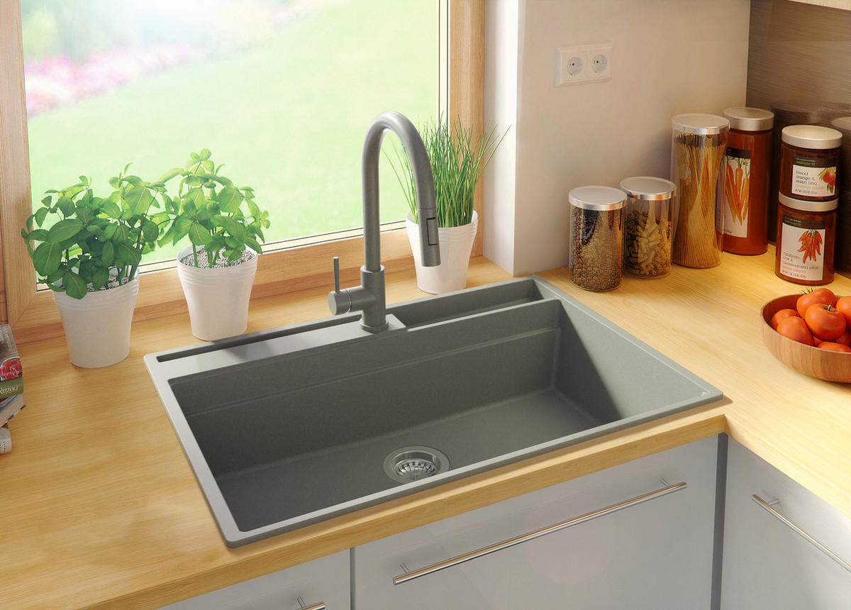 SPÜLBECKEN Oslo Pocket, 2-er set Grau 78/53 cm 1 Becken + Ablauf-Set + Küchenzubehörset ab 80er Unterschrank - Chromfarben/Beige, Kunststoff (78/20/53cm) - Primagran