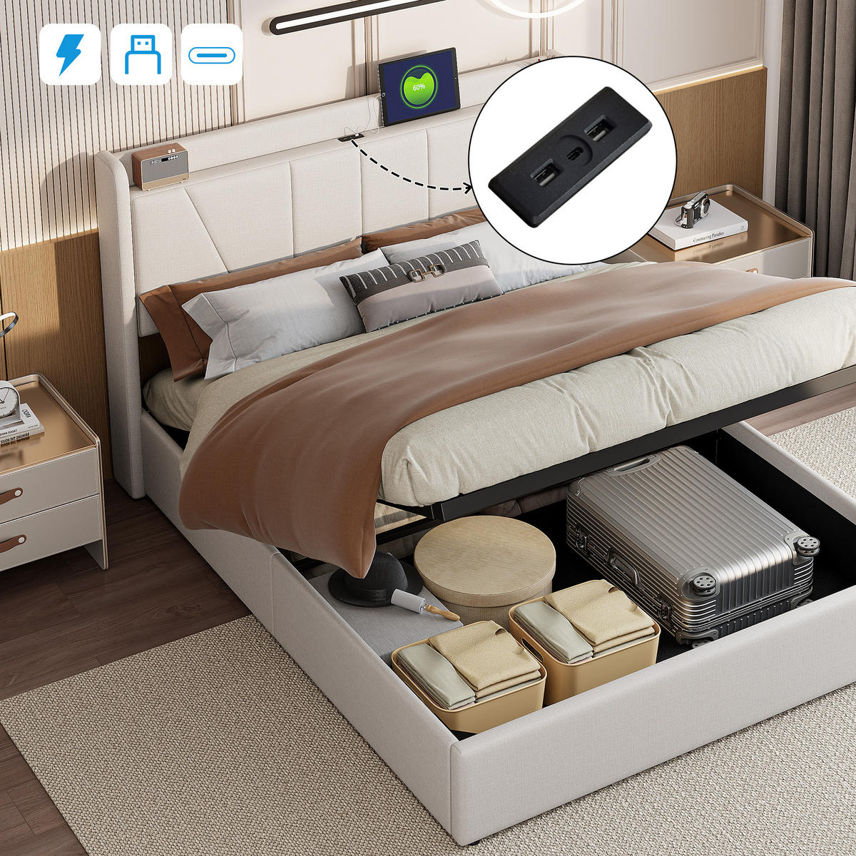 POLSTERBETT 160x200 cm, Beige, LED-Beleuchtung und USB - Beige, Textil/Metall (160/200cm)