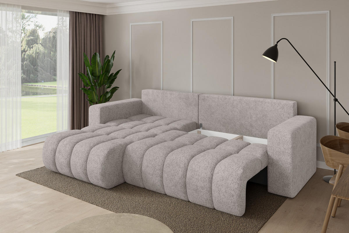 ROHOVÁ SEDAČKA s funkcí spaní, otoman vlevo MILA-L-v1 277x195x86 světle šedá velur - černá/světle šedá, kompozitní dřevo/textil (277/194cm) - ALTDECOR