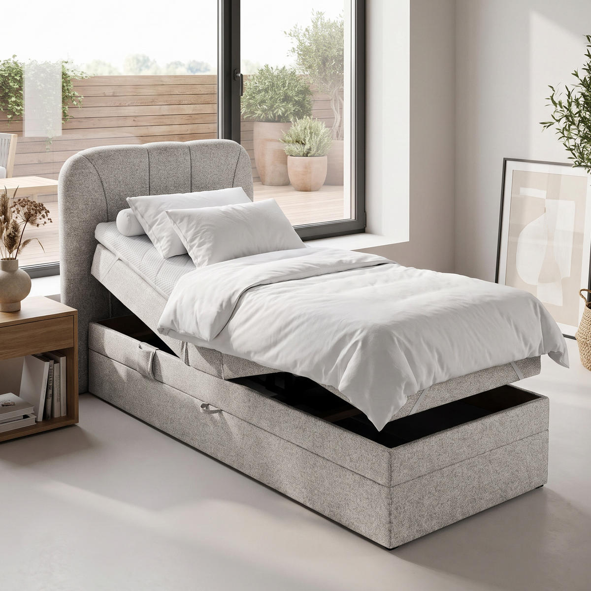 BOXSPRINGOVÁ POSTEL Romeo, jednolůžko s elektrickým polohováním matrace, 90x200 cm, béžová - béžová, textil (90/200cm) - Beautysofa