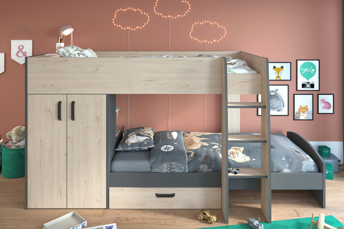 ETAGENBETT Eiche- und Graudekor mit Stauraum 90x200 - Stim - Apfelbaumfarben, Holzwerkstoff (90/200cm) - Calicosy