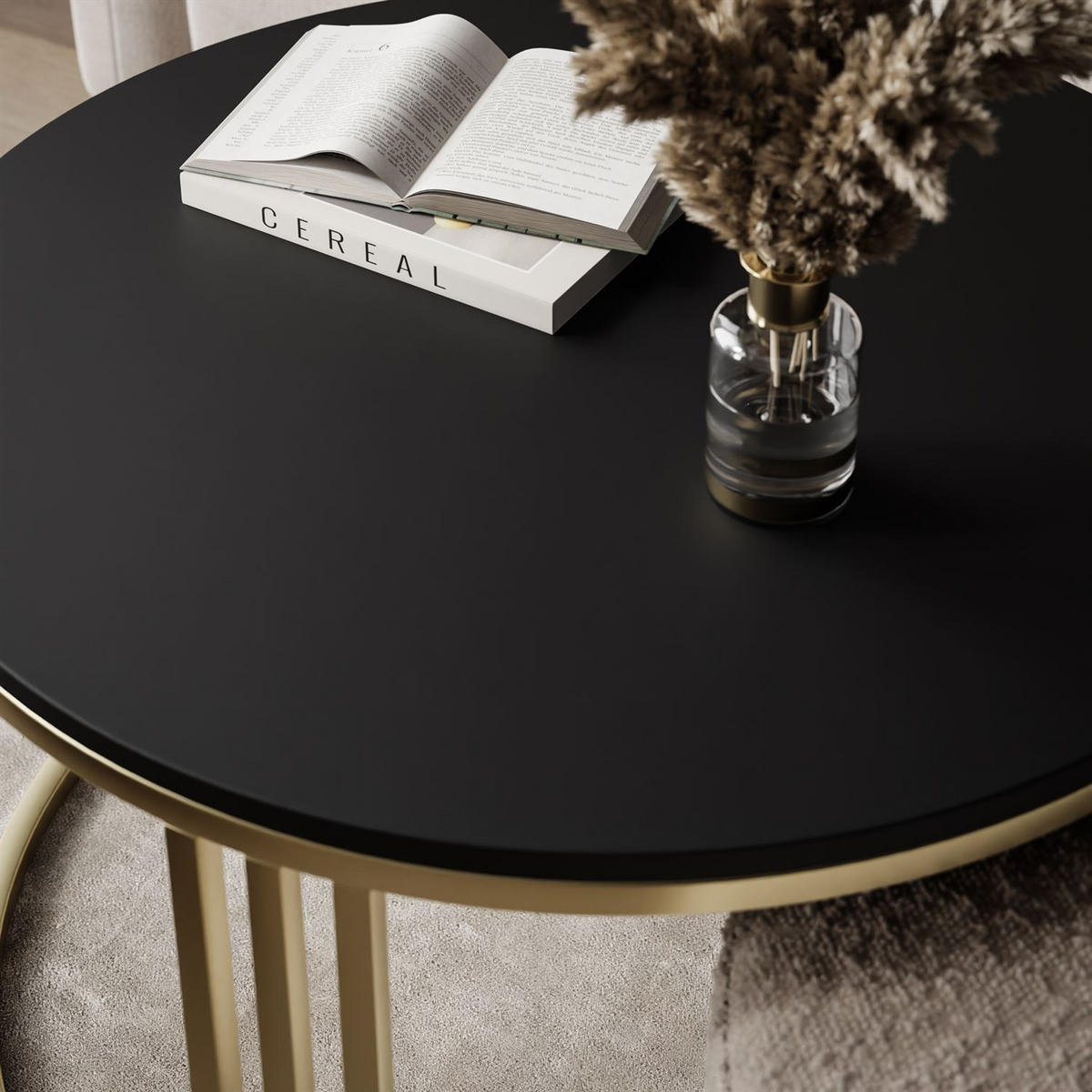 COUCHTISCH mit Hocker LORI MAT gebürstetes Gold/schwarz matt/Coral 50 - Schwarz, Metall (70/70/49cm) - Lookway