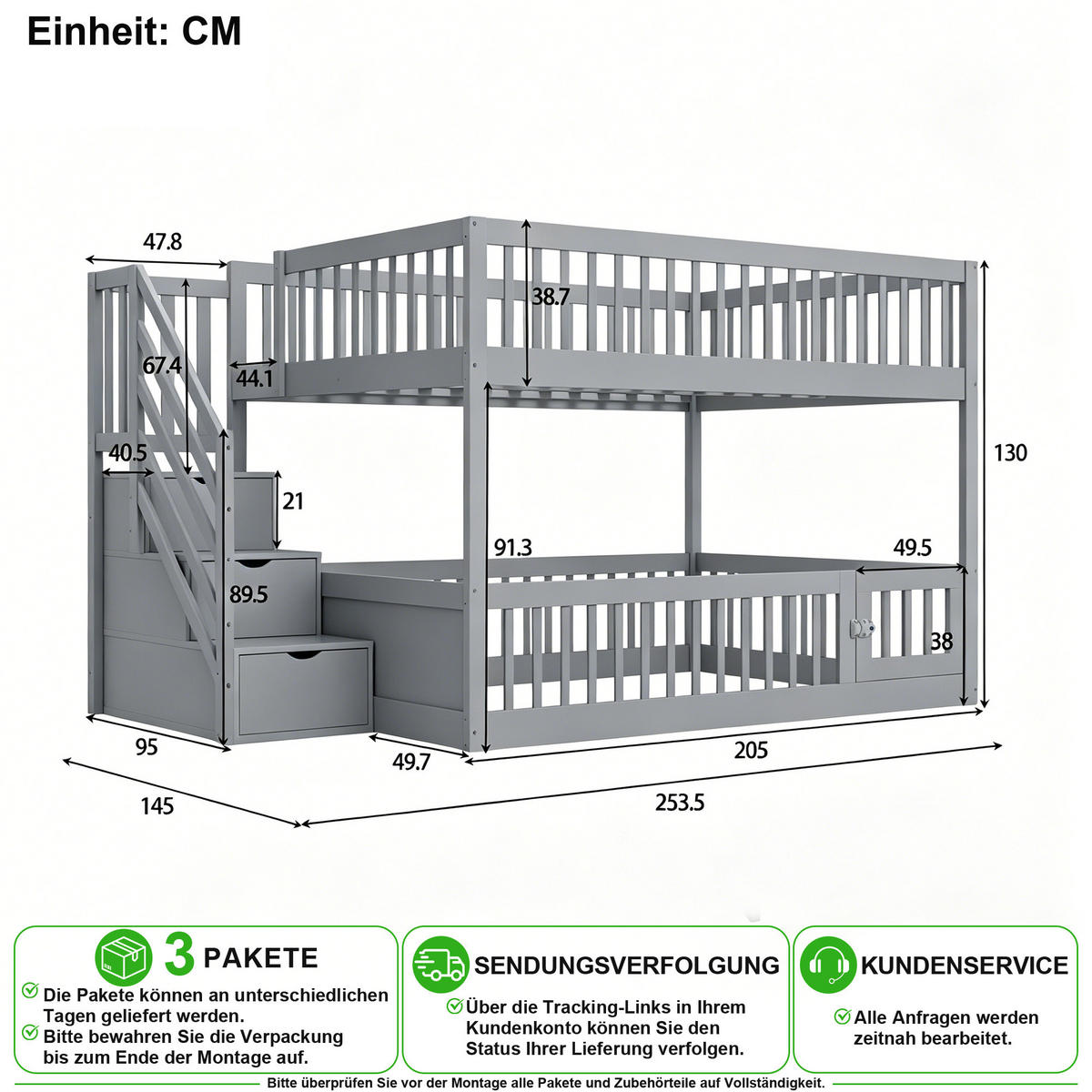 PATROVÁ POSTEL 140/200 cm v šedé barvě se schůdky se zásuvkami - šedá, dřevo/kompozitní dřevo (140/200cm) - CHICFURN