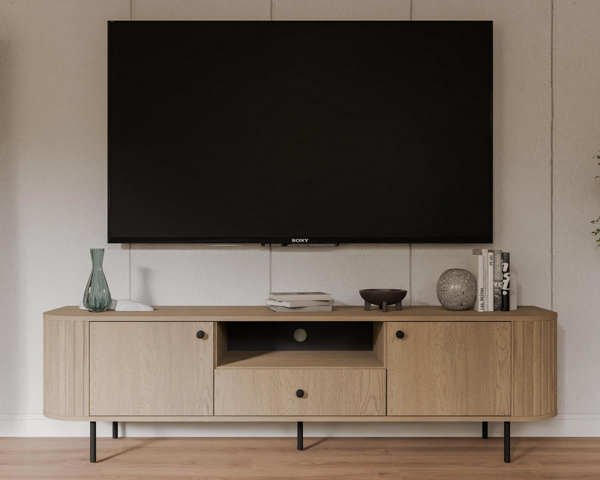 LOWBOARD Halay Eiche Cremona, 2 Türen & 1 Schublade Moderne Rillenstruktur 180,6 cm - Eichefarben/Schwarz, Holzwerkstoff/Metall (180.6/50/42.3cm) - AX Living