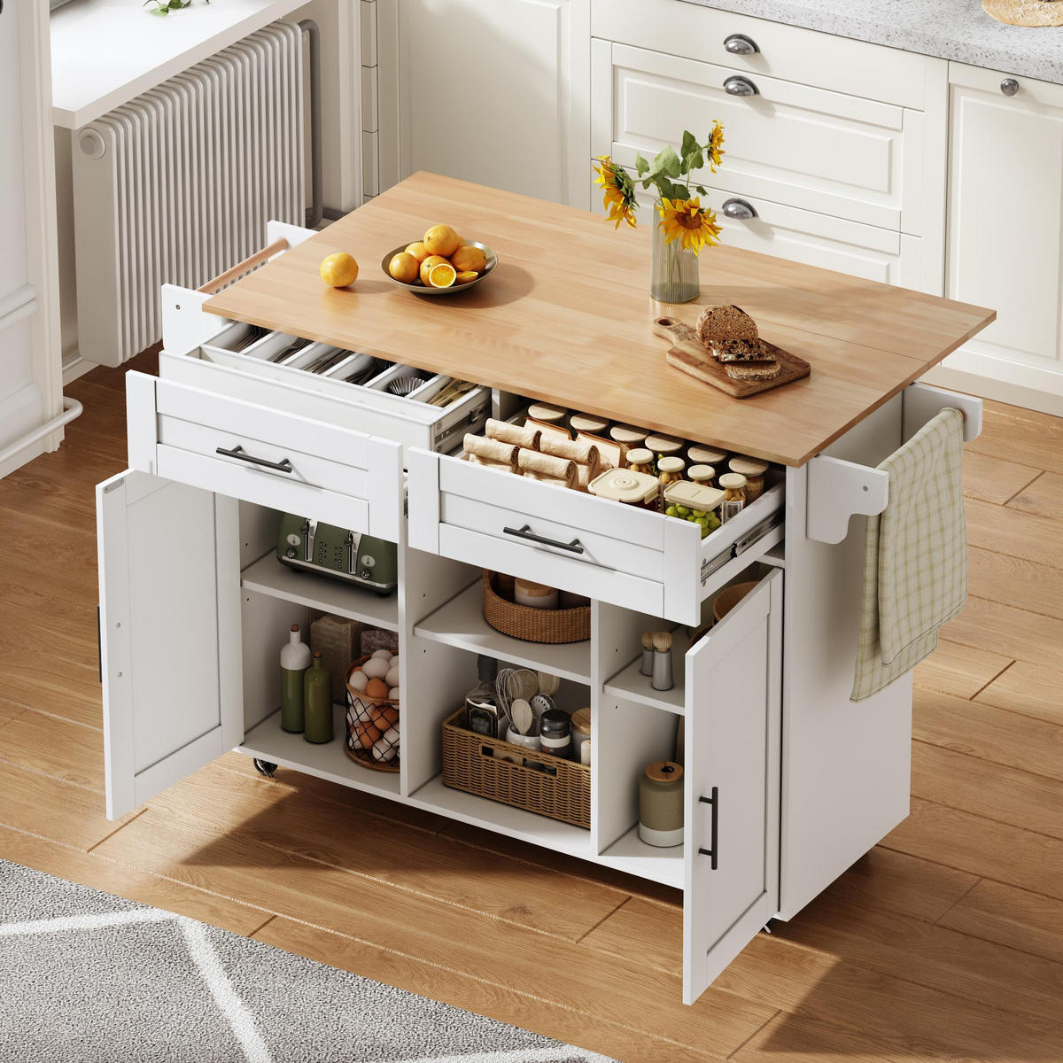 KÜCHENINSEL in Weiß Servierwagen mit klappbarer Arbeitsplatte und Schubladen für Küche und Wohnzimmer, B145/T45/H94.5 cm - Weiß, Holzwerkstoff (145/94.5/70cm) - STILVORA
