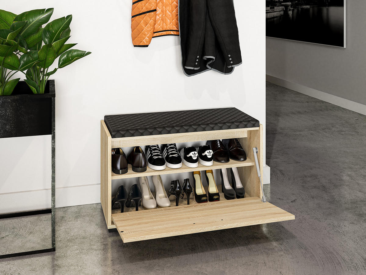 SCHUHBANK Caro Sonoma Eiche hell / schwarz 80 / 34 / 48cm - Schwarz/Braun, Holz/Holzwerkstoff (80/48/34cm) - Feldmann-Wohnen