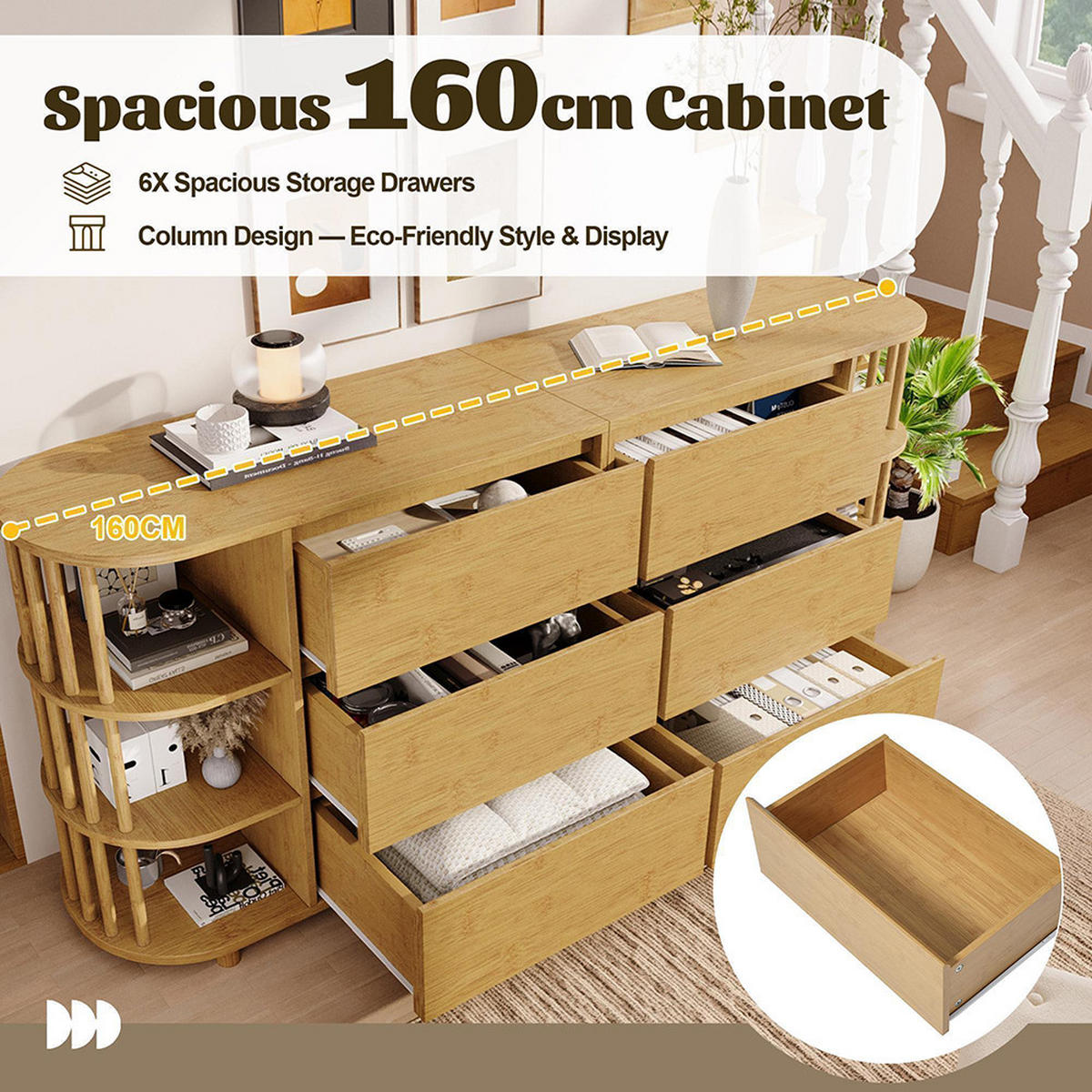KOMMODE Eiche 6 Schubladen 75/160/40 cm - Naturfarben, Holz (160/75/40cm) - Zephmum