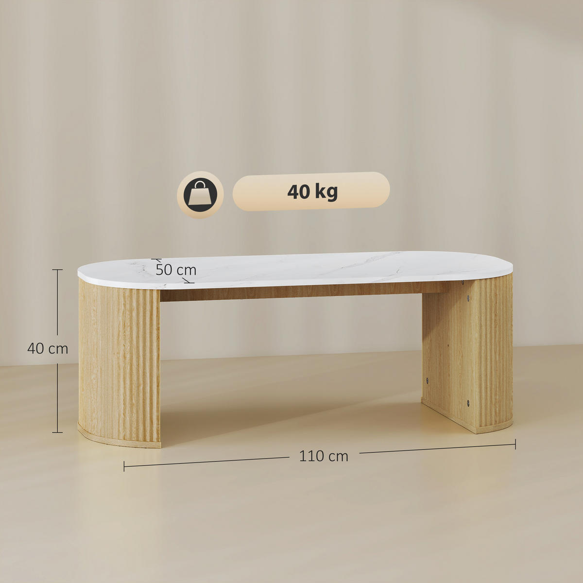 COUCHTISCH DE-15797 oval mit Marmoroptik Weiß - Naturfarben, Holzwerkstoff (110/50/40cm) - ComfortXL
