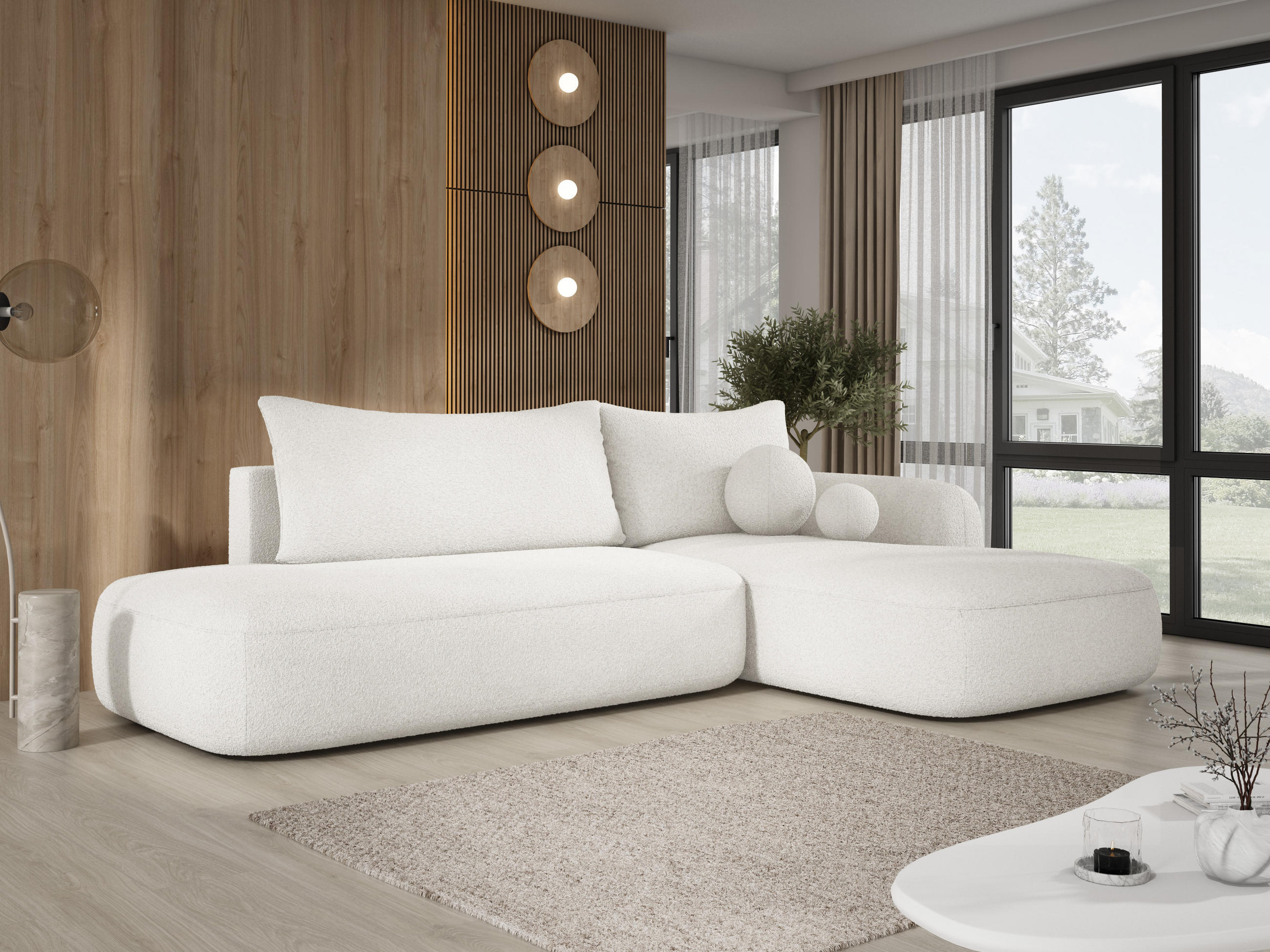 ECKSOFA BABU mit Schlaffunktion, Moderne Polsterecke für Wohnzimmer, funktionales Schlafsofa im Stoff NOW OR NEVER, 300x105x60cm rechte, weiß​ - Weiß, Holz/Textil (300/190cm) - DomoHome