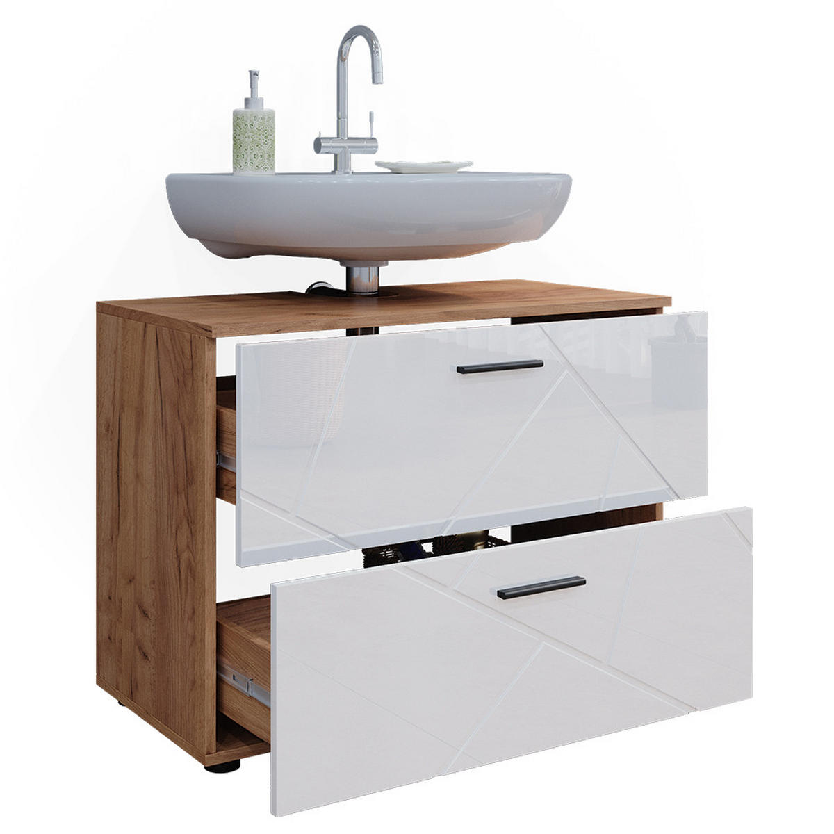 WASCHBECKENUNTERSCHRANK Irma Weiß Hochglanz/Goldkraft Eiche 80 x 58.6 cm - Weiß Hochglanz/Eiche Wotan, Holzwerkstoff (80/58.6/41cm) - Vicco