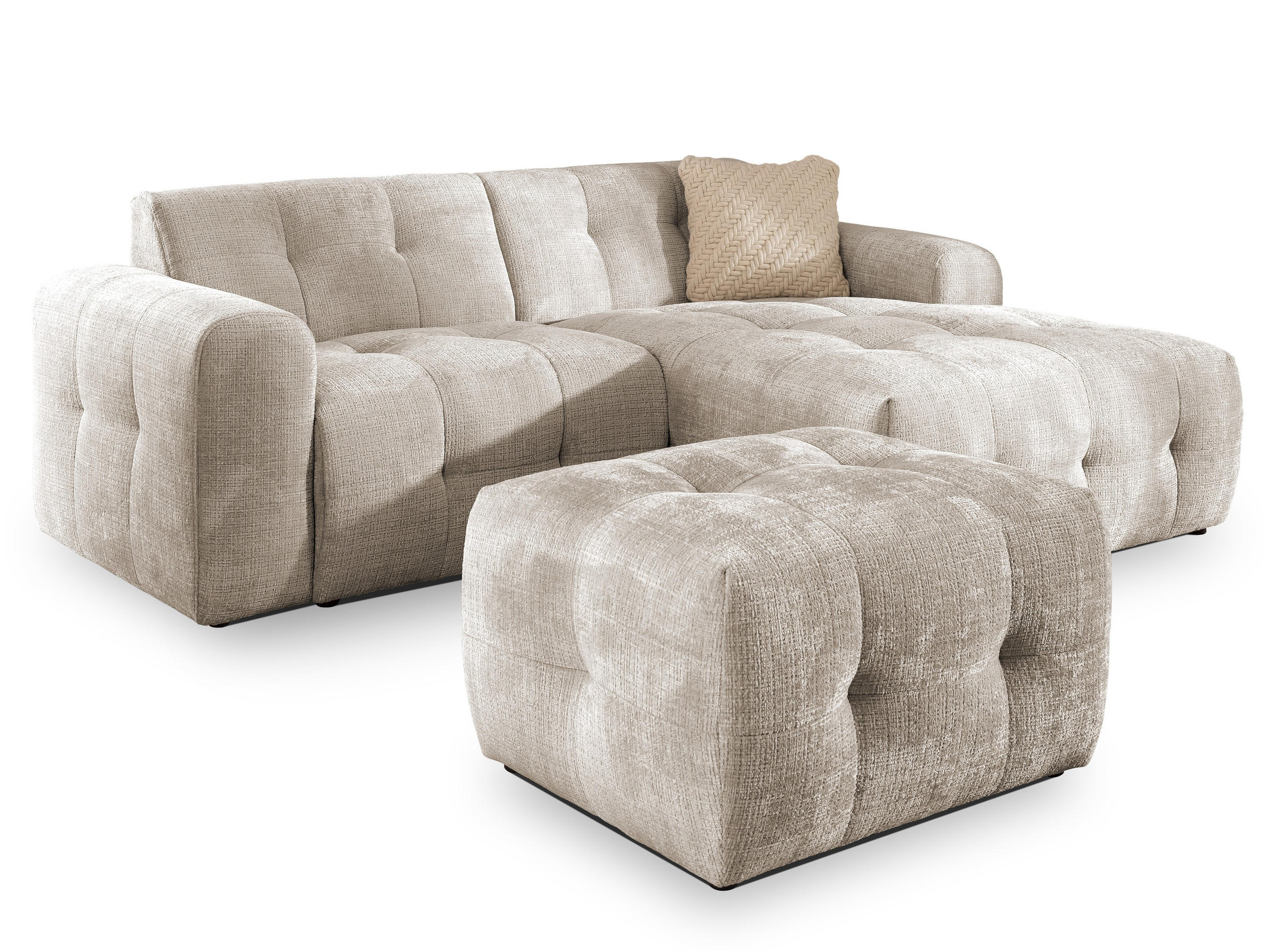ECKSOFA inkl. Hocker Kozy im Bumpy-Design mit Schlaffunktion und fester Rückenlehne aus weichem Dunkelbeige Chenille-Stoff - Ottomane rechts - Beige/Schwarz, Holz/Kunststoff (234/161cm) - S-Style Möbel