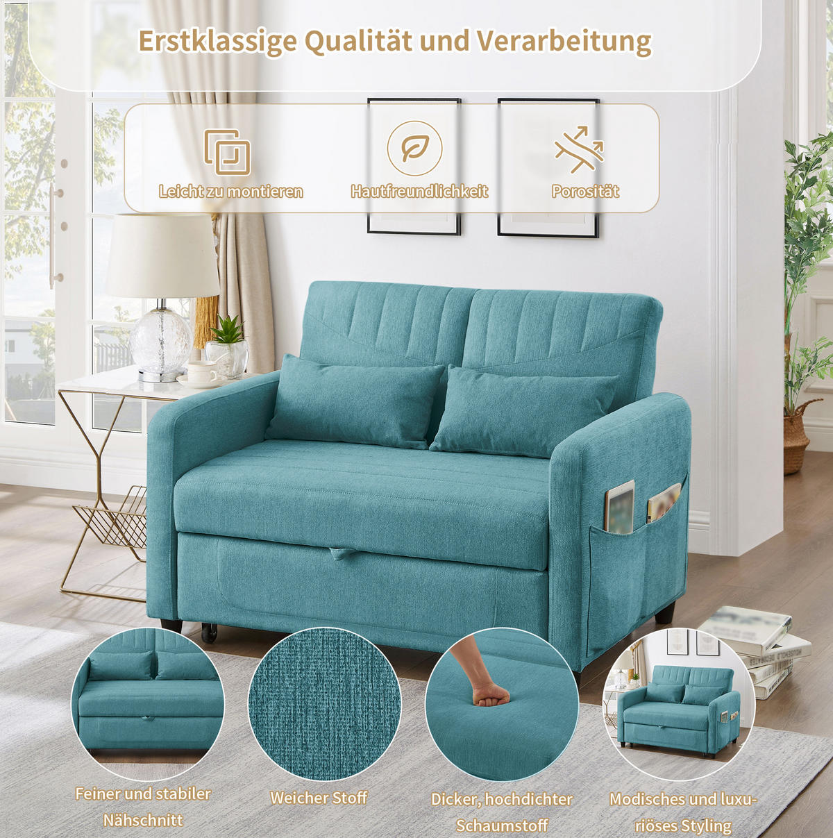 SCHLAFSOFA aus Baumwoll-Leinen-Stoff 166x95 cm Antik Blaugrün mit Ausziehfunktion, 3-fach verstellbarer Rückenlehne und 2 Kissen - Petrol, Kunststoff (114/82.5/77cm) - Modfu