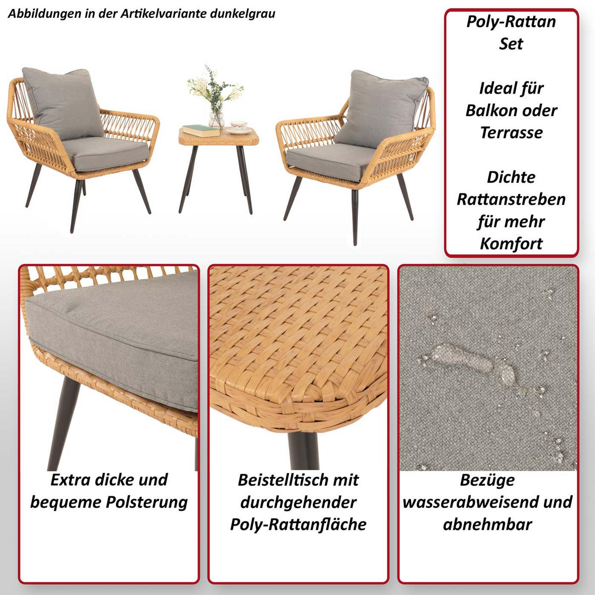 POLY-RATTAN GARNITUR Hellgrau - Hellgrau, Kunststoff - MCW
