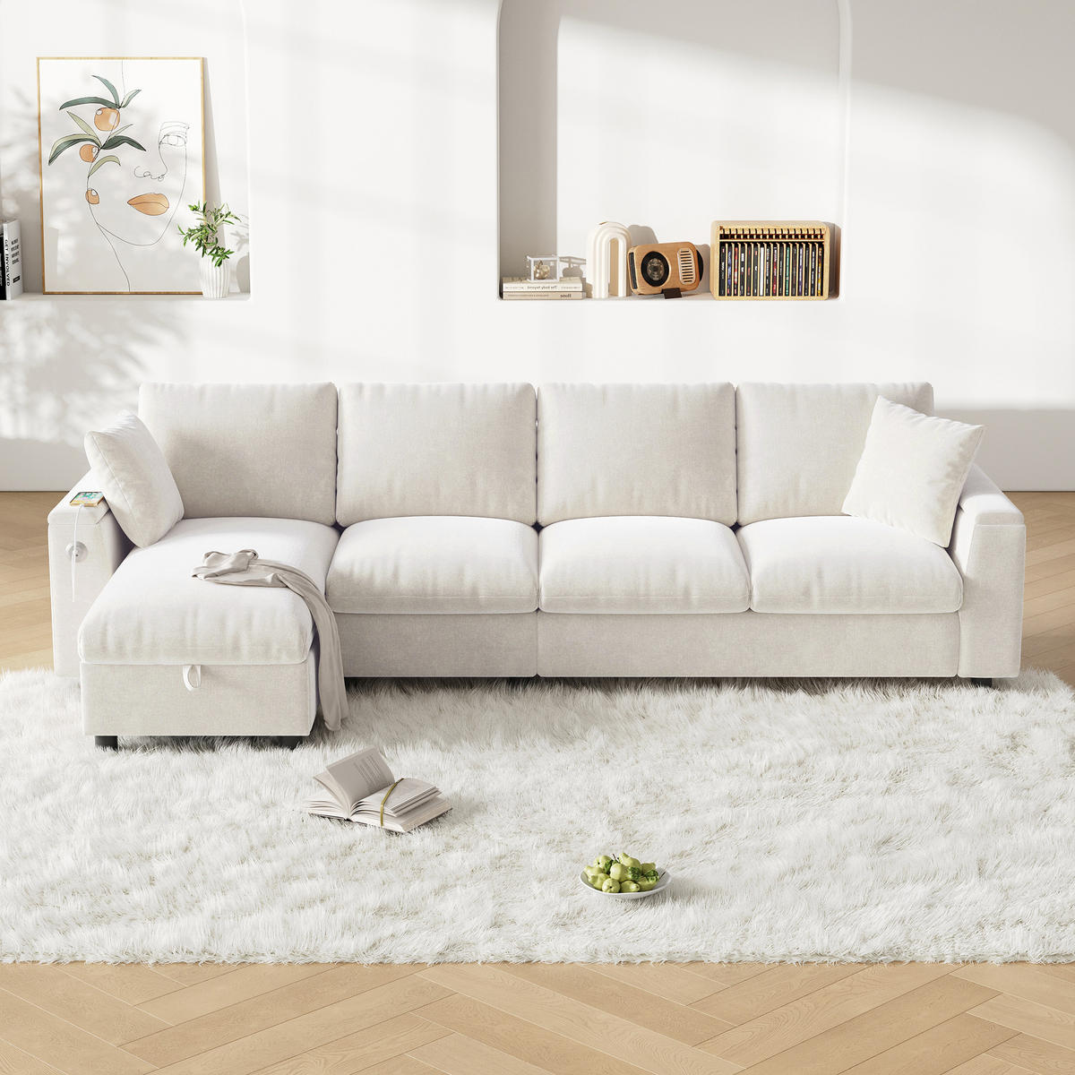 SOFA Beige L-Form Chenille Stauraum USB ausziehbar Tisch - Beige, Textil (137/84/280cm) - FLIEKS