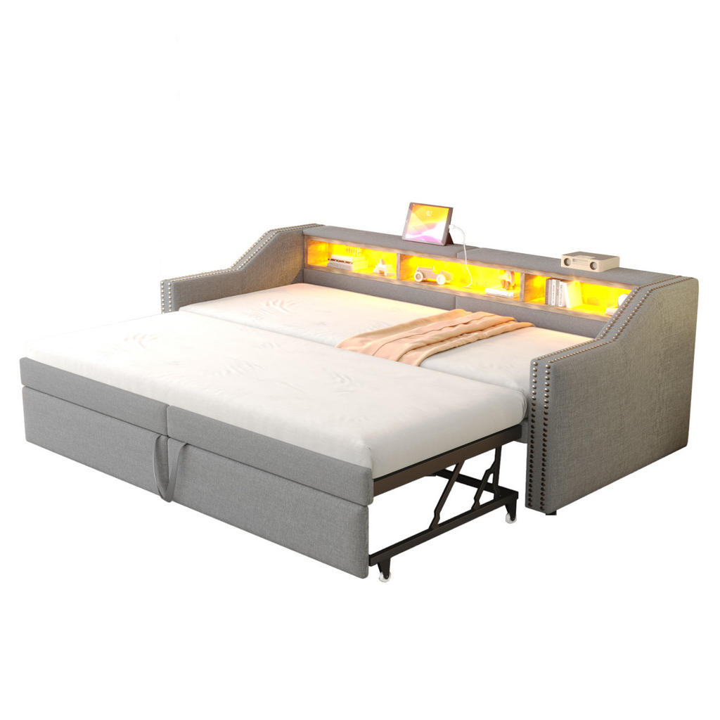Redom ČALOUNĚNÁ postel 90/180x200 cm s výsuvným lůžkem, LED osvětlením a USB portem, světle šedá