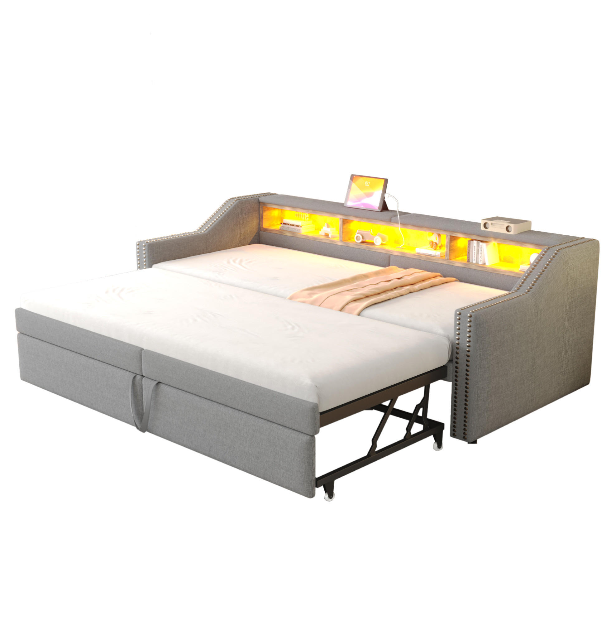 POLSTERSCHLAFSOFA 90/200 cm ausziehbar auf 180/200 cm mit LED, USB und Ablagefächern, Hellgrau - Hellgrau, Textil (90/200cm) - Redom