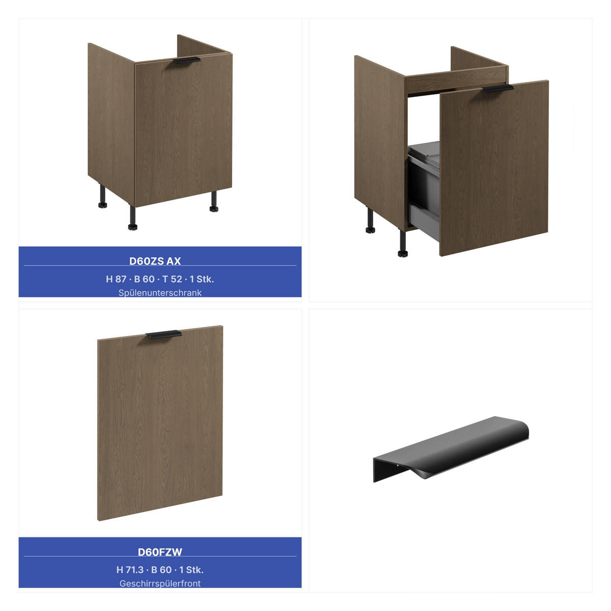 KÜCHENZEILE 320 x 160 cm - Sorento KS13-M320 - in Dunkle Eiche - Eichefarben/Schwarz, Holz/Metall (480/247/58cm)