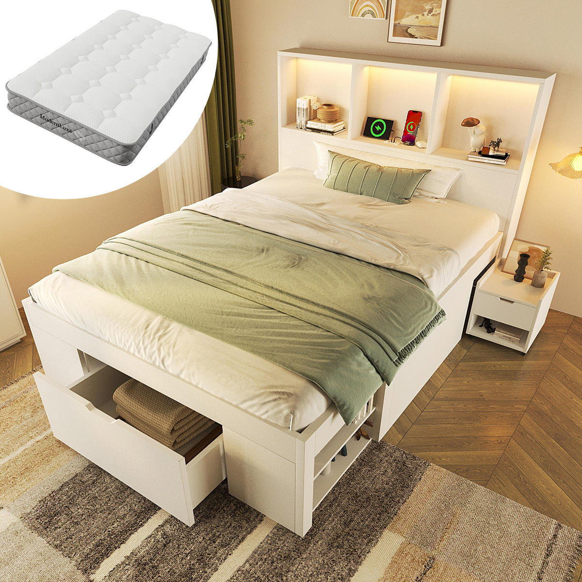 KINDERBETT 90/200 cm DE-01114, in Weiß, mit LED, Nachttisch und Matratze - Weiß, Holz (90/200cm) - ComfortXL