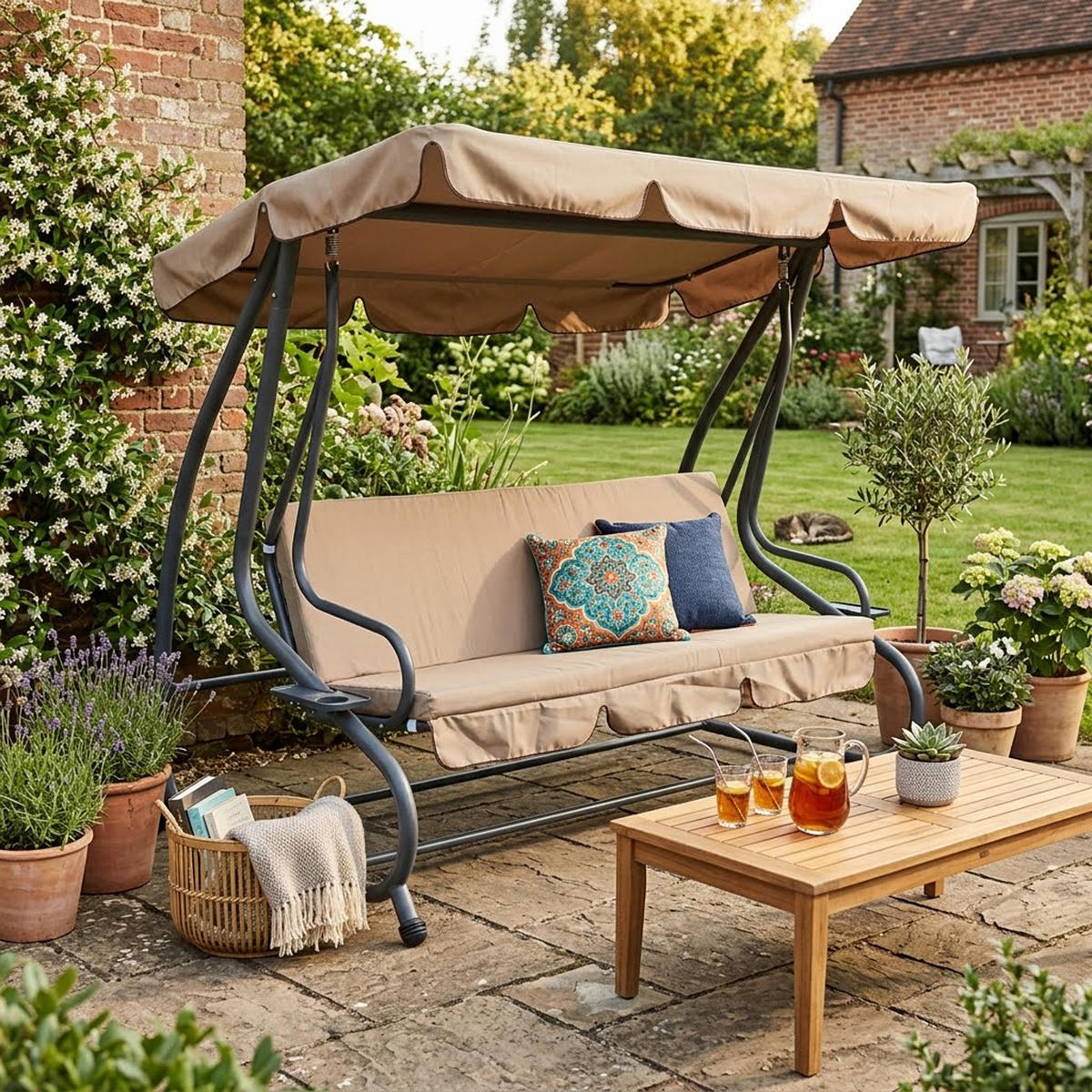 HOLLYWOODSCHAUKEL mit Liegefunktion, 4-Sitzer MILANO, Farbe: grau / creme - Grau, Metall (232/164/120cm) - TPFGarden